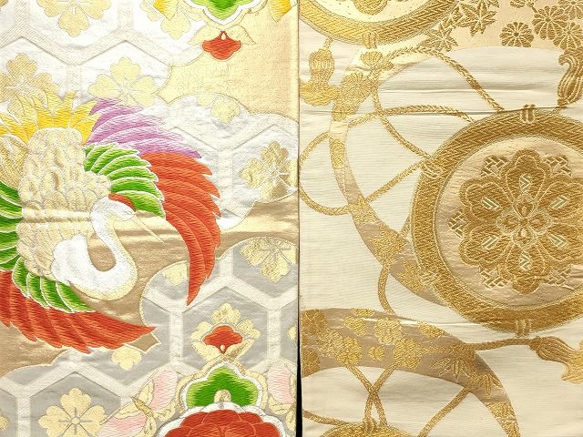 504y9☆袋帯 金糸 鏡裏文 鳳凰 花唐草 薄オレンジ色☆美品 成人式 結婚式 504y9☆袋帯 金糸 鏡裏文 鳳凰 花唐草 薄オレンジ色☆美品 成人