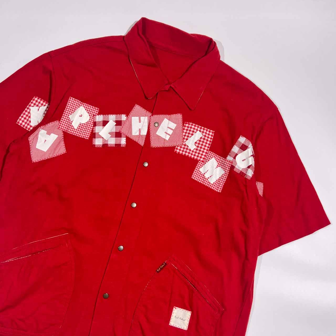カールヘルム パッチワーク 半袖シャツ 90s カールヘルム 犬 刺繍 開襟シャツ オープンカラーシャツ 赤