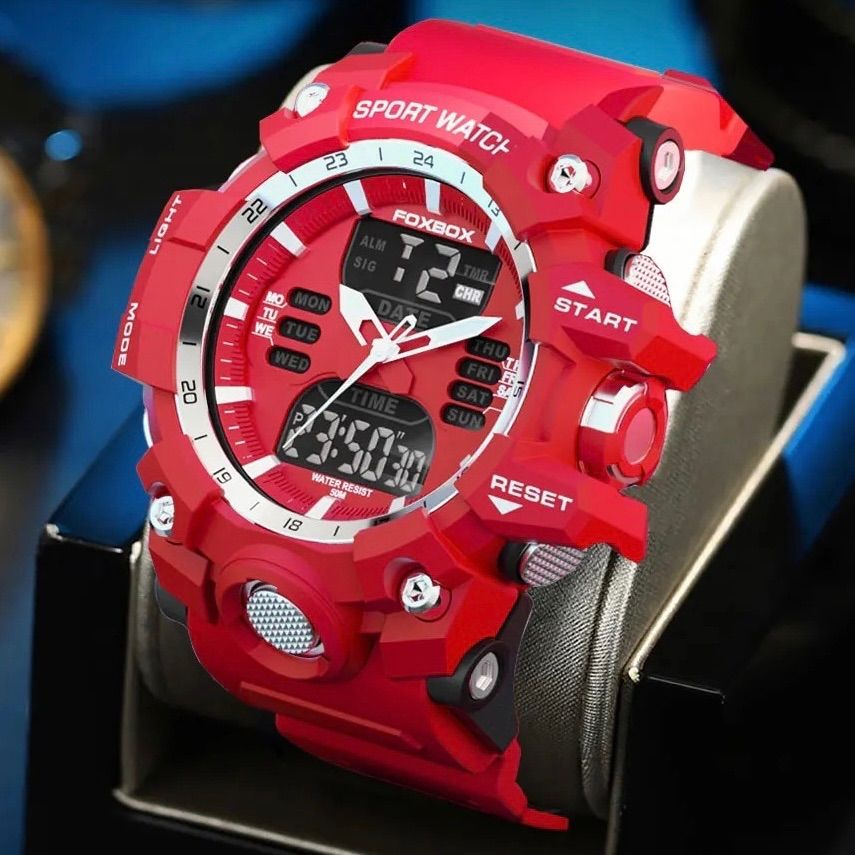 新品 FOXBOX フルレッドデュアルウォッチ 50m防水 メンズ腕時計 シリコンラバーストラップ