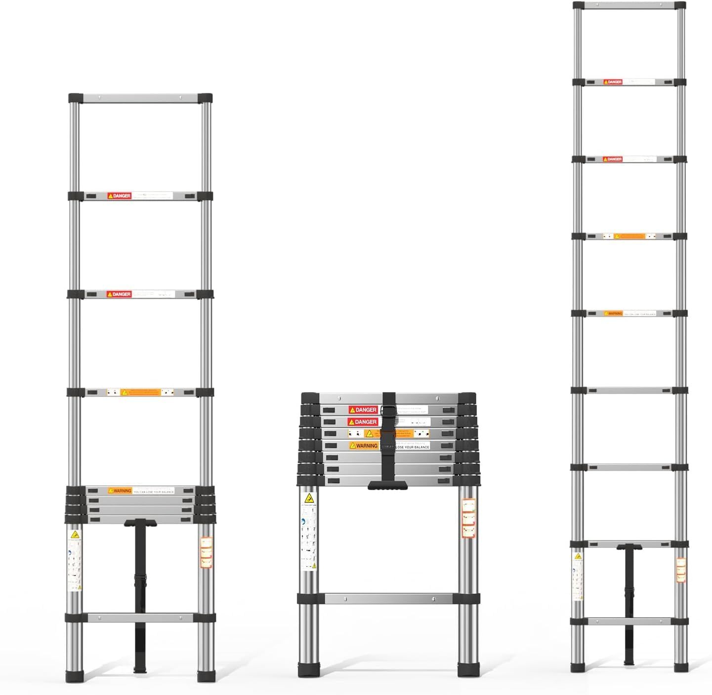DayPlus 伸縮はしご ステンレス製 2.6m 折り畳み伸縮梯子 持ち運びやすい軽量 耐荷重150 kg 自動ロック 安全ロック スライド式 ステンレス鋼のはしご 室内室外両用 日本語説明書