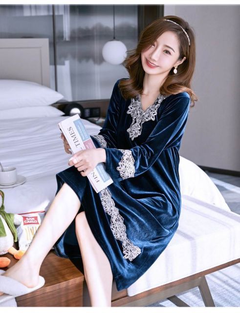 レース ベルベット風 ロング ルームウェア パジャマ 部屋着 寝巻き ナイトウェア ネグリジェ 膝丈 ひざ丈 袖あり 長袖 Vネック 深Vネック フレア Aライン かわいい 大人可愛い きれいめ シンプル 大人 上品 おしゃれ 大人女子 こなれ感 ラフ ラブリー ルーズ モード系 種類25：画像3/M レース ベルベット風 ロング ルームウェア パジャマ