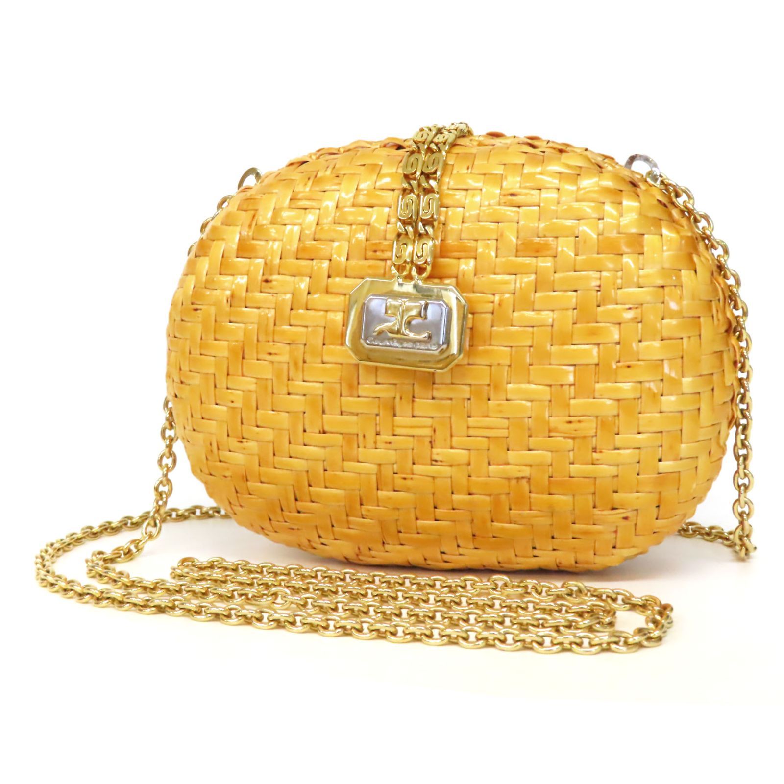 oe25102 美品 Courreges クレージュ ロゴ金具 籐 編み込み ラタン 