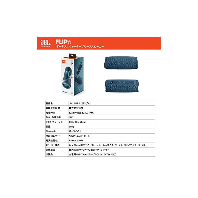 JBL FLIP6 Bluetoothスピーカー 2ウェイ・スピーカー構成/USB C充電