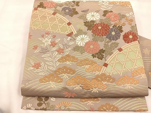 平和屋着物◎九寸名古屋帯 横段花鳥文 金糸 正絹 逸品