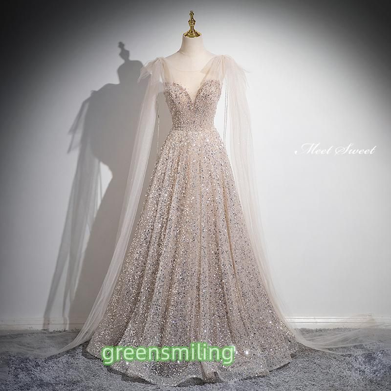 ドレス Aラインドレス ロングドレス シャンパン スパンコール 袖なし ウェディングドレス 結婚式 二次会 花嫁 前撮り 演奏会 発表会