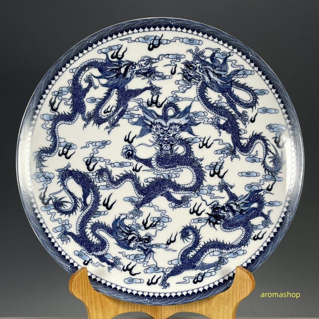 超美品! お皿 観賞皿 青花五竜大賞皿 瑞竜図紋 観賞 装飾 置物