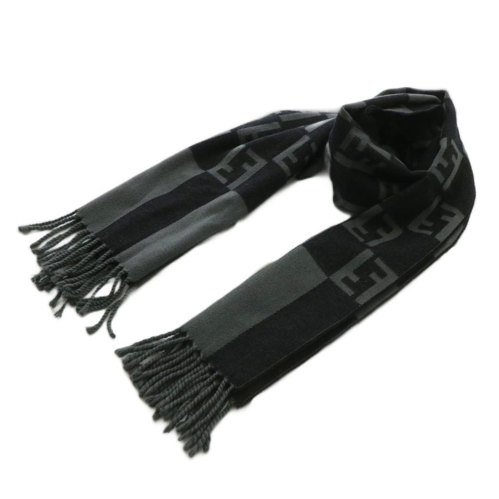 フェンディ FENDI マフラー ストール フリンジ ロゴ 黒 ブラック /TK