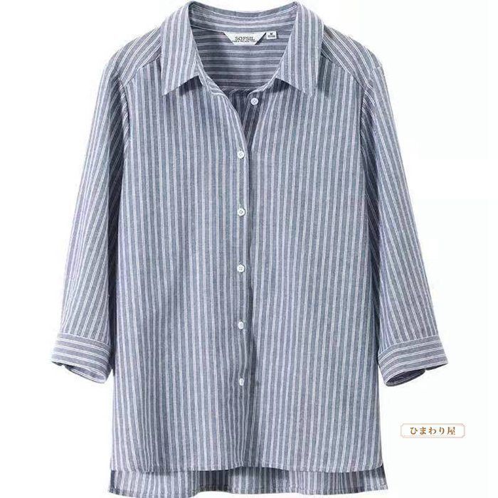 春秋冬 七分袖 ブラウス レディース とろみシャツ とろみブラウス シャツ ナチュラル 着痩せ カジュアル 大人 可愛い ストライプ オフィス 七分袖 ブラウス レディース とろみシャツ とろみブラウス