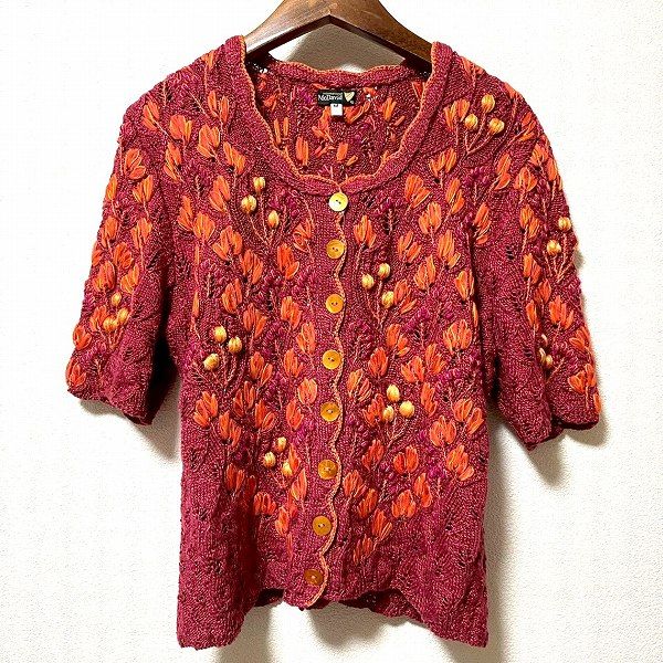 snc マックデイビッド McDavid カーディガン M 赤系 オレンジ系 半袖 ニット 花モチーフ ドイツ製 レディース 973280