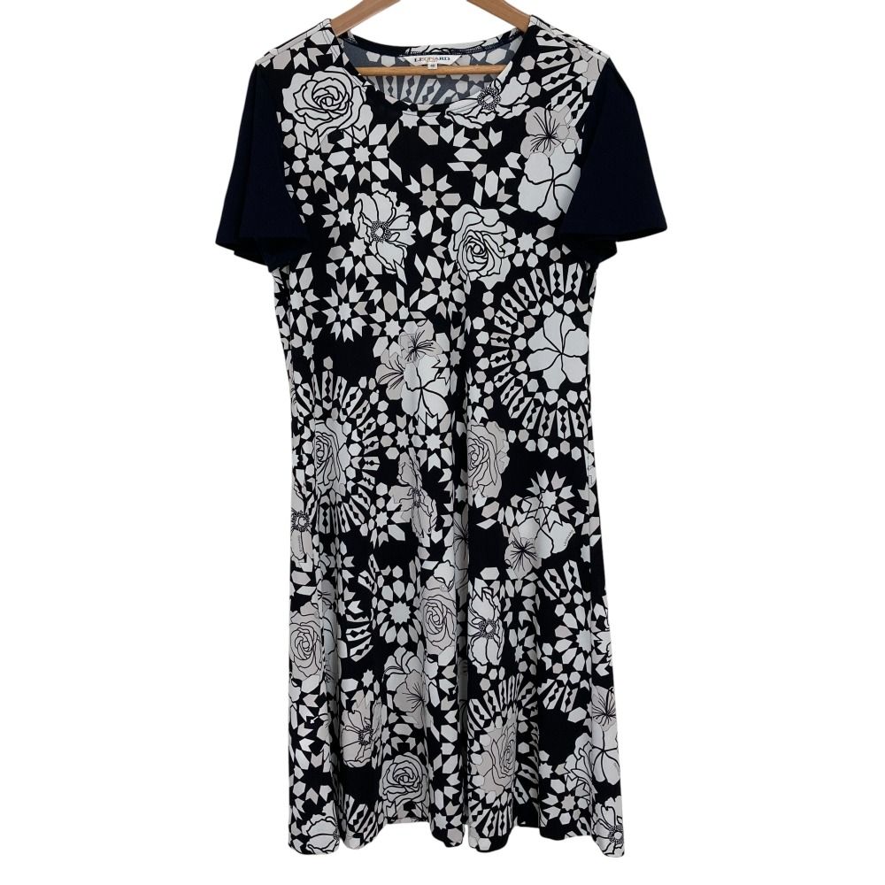 LEONARD SPORT レオナールスポーツ モノトーン薔薇プリント ワンピース サイズ40 ブラック ホワイト レディース 古着