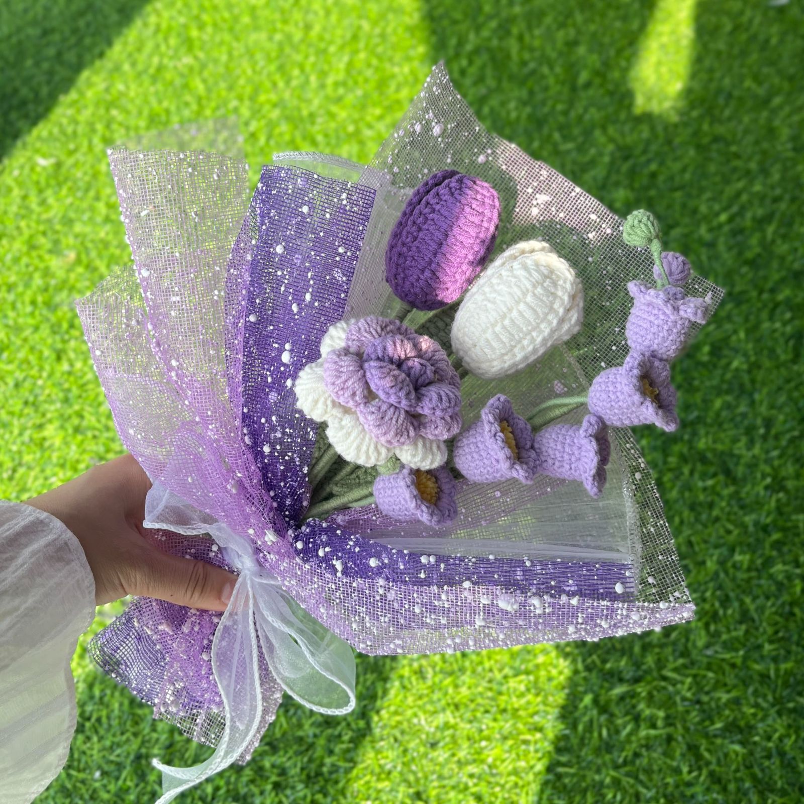 【数量限定】JOMODECOR ハンドメイド 枯れない花 プレゼント 誕生日 記念日「チューリップ - スズラン - ローズ/バラ」かぎ針編みフラワーブーケ 造花 毛糸の花束 インテリア クロシェフラワー