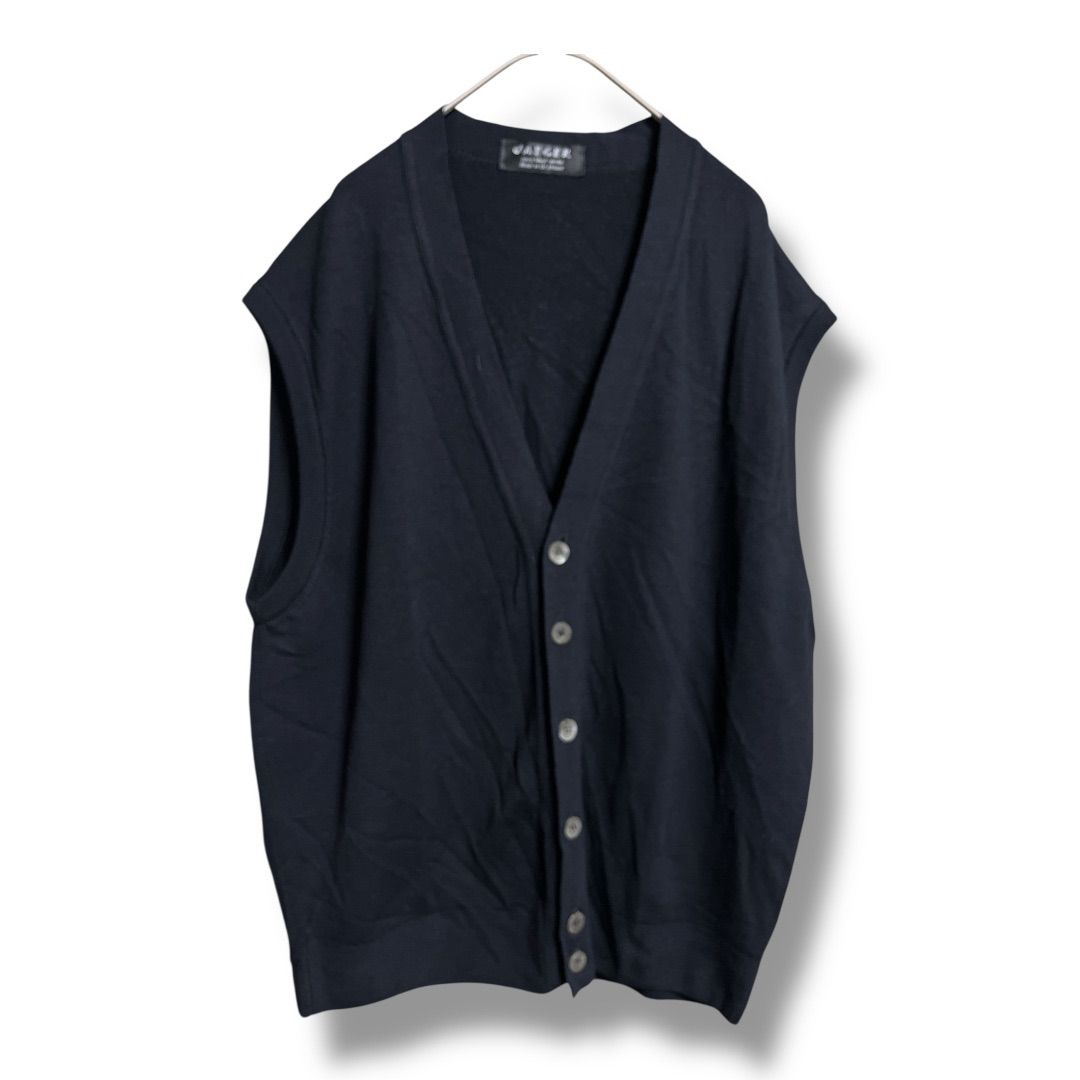 JAEGER イエーガー 80sヴィンテージ 英国製 黒タグ 前開き ニットベスト 紳士 ノースリーブニット チョッキ 薄手 ウール メンズ サイズ40 ブラック 秋 久喜倉庫店 K637Y