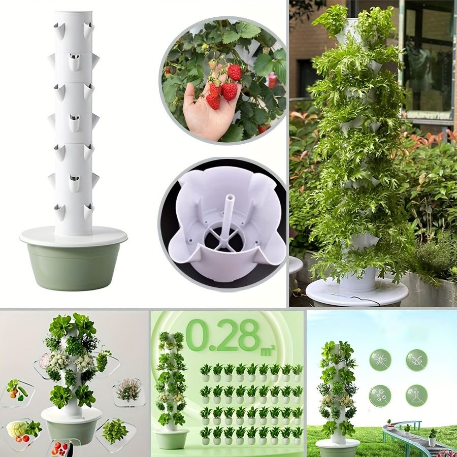 多機能多層ストロベリー＆野菜栽培タワー - モダンな屋内|屋外水耕栽培プランター 耐久性のあるプラスチック バルコニーガーデニング用ユニークな形状 ウォーターポンプは含まれません
