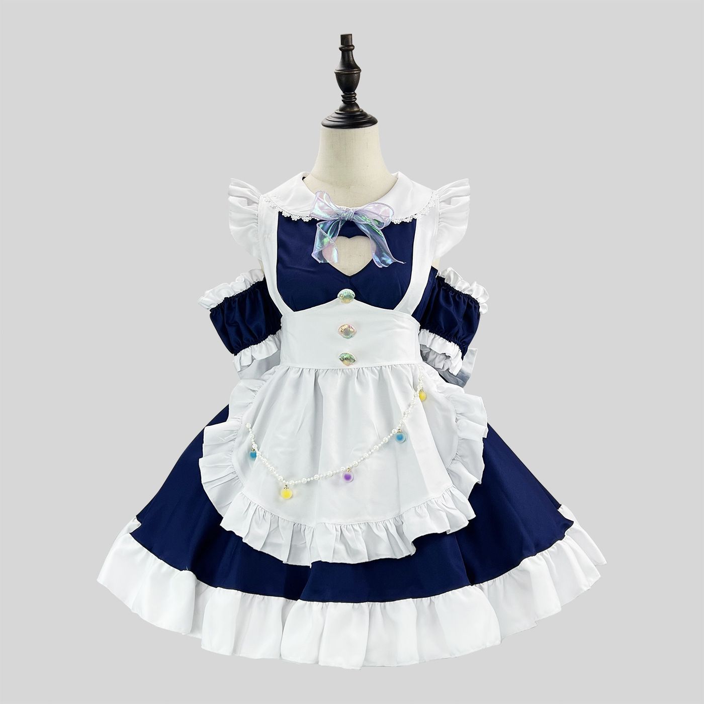 オリジナル 甘ロリハートカットメイドワンピース ネイビー×ホワイト 萌え系 日系ロリータ 夢かわいい メイド風デザイン