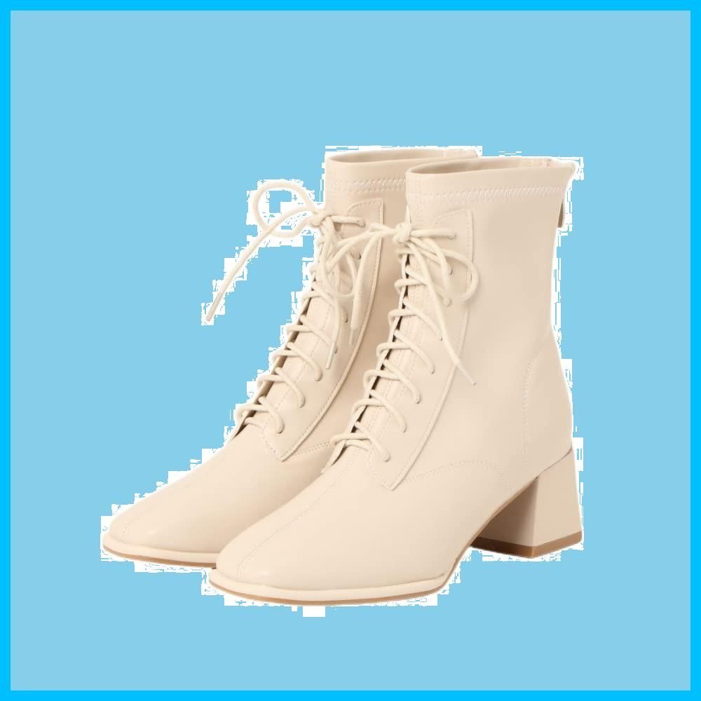【人気商品】[アイモハ] ショートブーツ ローヒール レディース スクエアトゥ レースアップ フェイクレザー 太ヒール 韓国 ライク アンクルブーツ ブーツ ベーシック シンプル 歩きやすい 