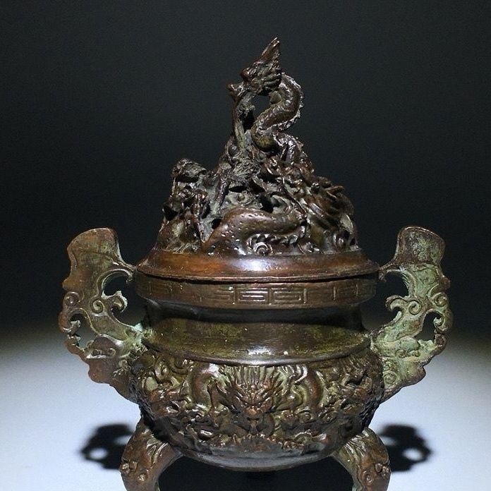 銅製 香炉 三足香炉 龍鳳香炉 薫香炉 仏堂挿し香炉 装飾品 工芸品 置物 銅製 双龍戯珠薫香炉 両耳香炉 香具 仏堂香炉 装飾品 工芸品