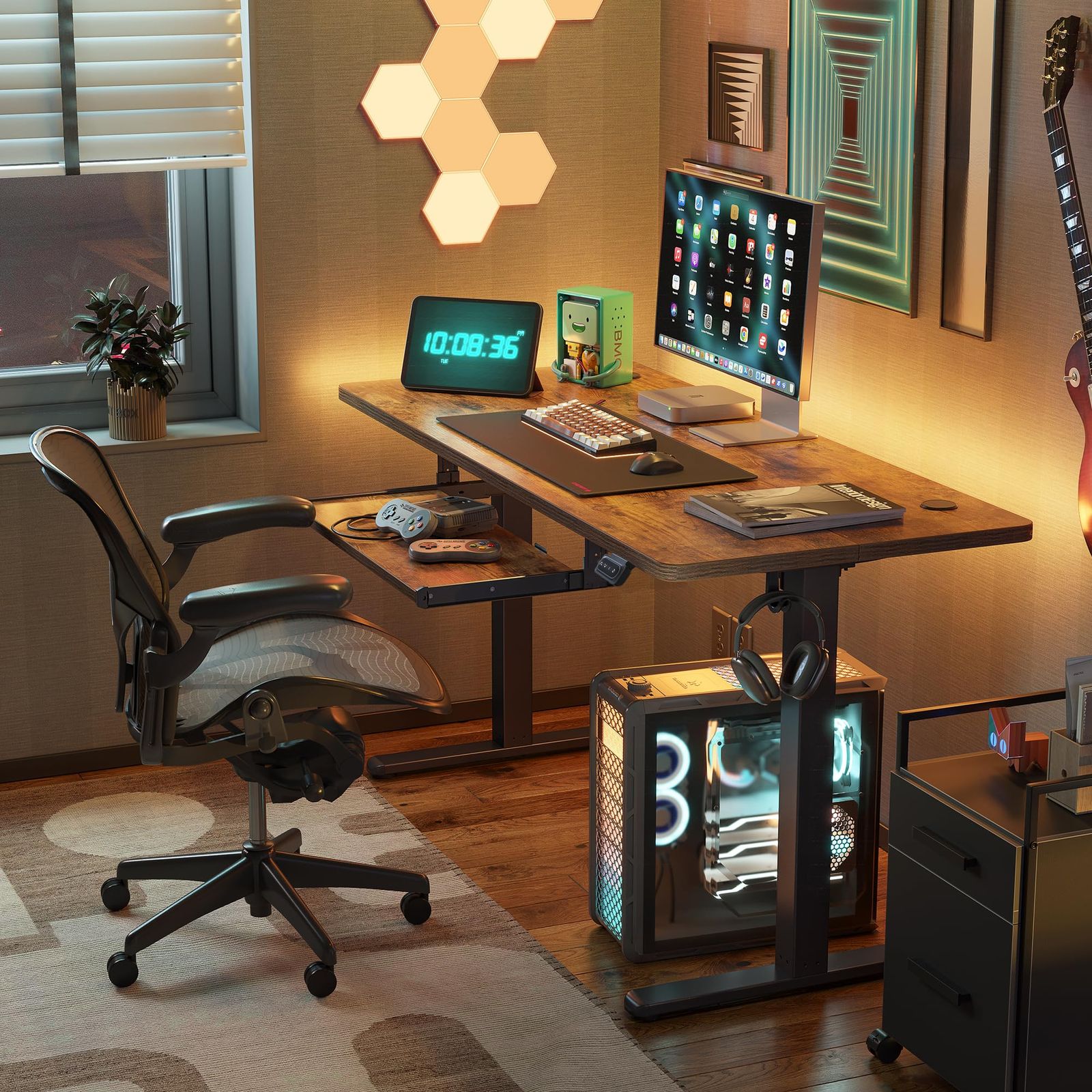 スタンディングデスク 幅120cm 奥行き60cm 電動昇降式 昇降デスク 上下昇降デスク キーボードスライダー付き FEZIBO ホームオフィスデスク ブラウン天板 ブラックフレーム