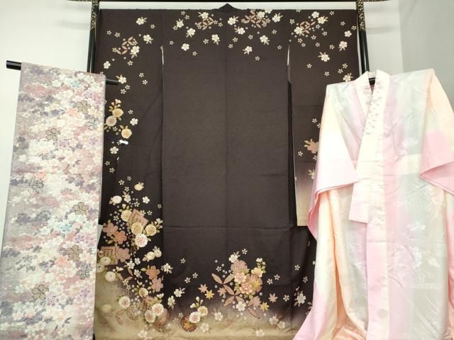 豪華振袖　長襦袢セット(無双仕立て)　舞蝶花文　暈し染め　金銀彩　正絹　逸品 平和屋着物○豪華振袖 長襦袢(無双仕立て・半衿刺繍)・袋帯