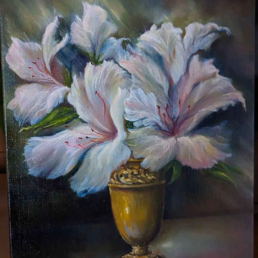 白い花瓶のお花と果物　油絵 - 4