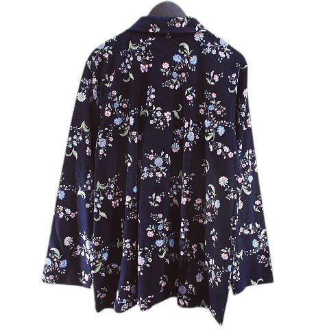 ナイトウェア パジャマ セットアップ L 紺系 ネイビー ボタン 花柄 小鳥 ウエストゴム