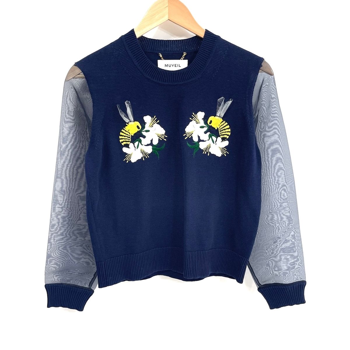 MUVEIL(ミュベール) 長袖セーター サイズ38 M レディース美品 - ネイビー×白×マルチ クルーネック/蜂/ビーズ/袖シースルー