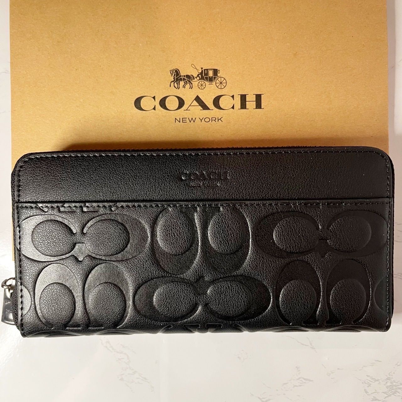 COACH シグネチャー エンボス レザー アコーディオン 長財布 ブラック 