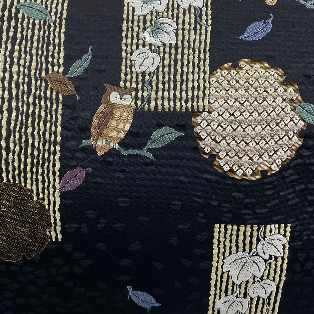 名古屋帯 雪輪 フクロウ 箔 唐織 黒 正絹