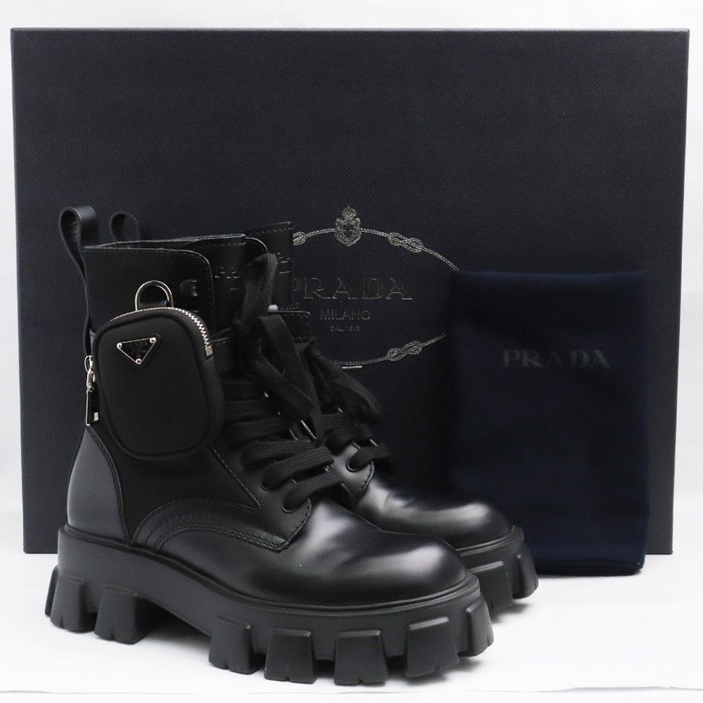 25.5cm相当 PRADA RE-NYLON モノリス ポーチ付きブラッシュドレザー コンバットブーツ - メルカリ