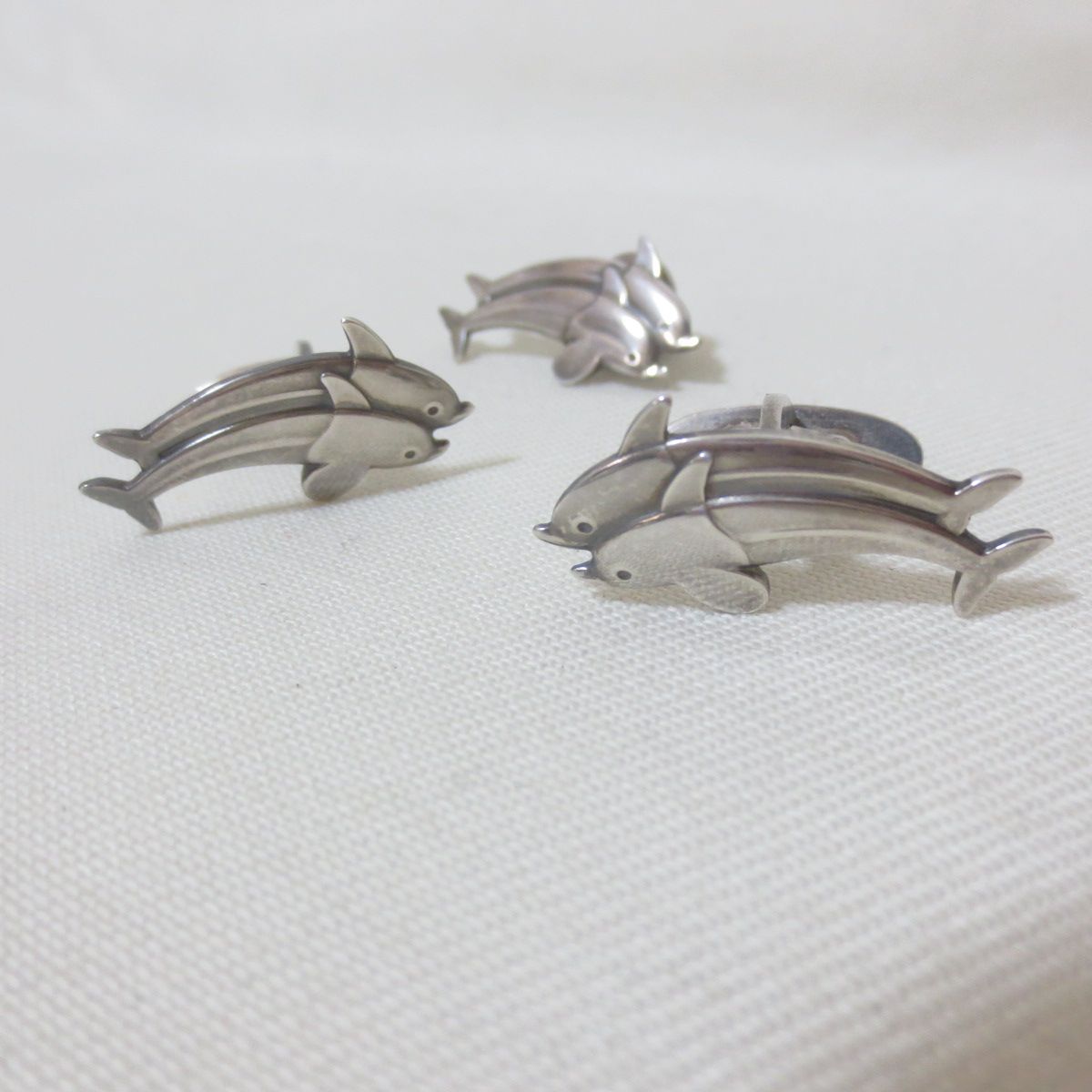 336 GEORG JENSEN ジョージジェンセン シルバー イルカ カフス ピンブローチ セット 925