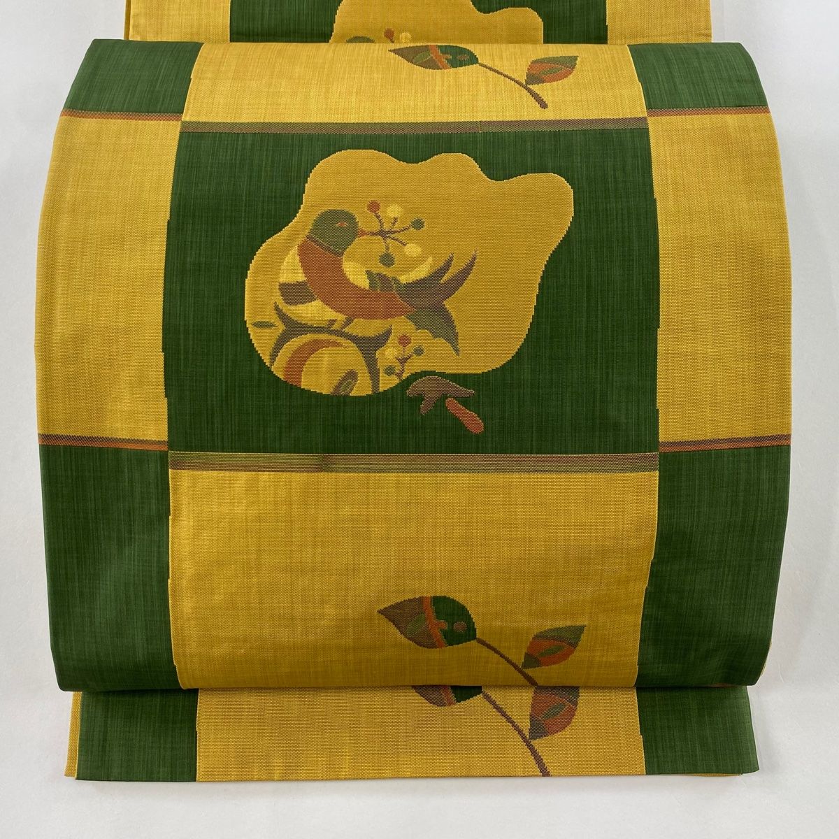 袋帯 美品 名品 木屋太 落款 鳥 葉 山吹色 六通 正絹 【中古