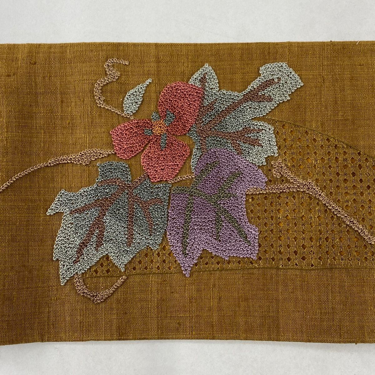 名古屋帯 秀品 紬地 草花 刺繍 茶色 正絹 【中古】 - バイセル