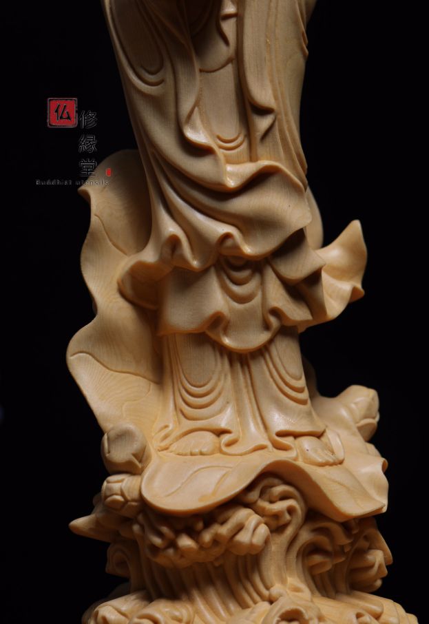 修縁堂】木彫り 仏像 送子観音菩薩立像 彫刻 一刀彫 天然木檜材