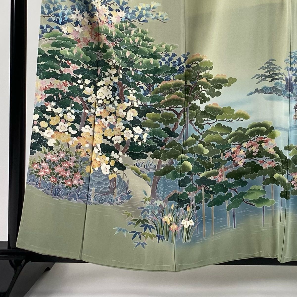 色留袖 身丈159cm 裄丈65cm M 袷 岡村蒼風 落款 松竹梅 兼六園 ぼかし 薄緑 正絹 秀品 一つ紋