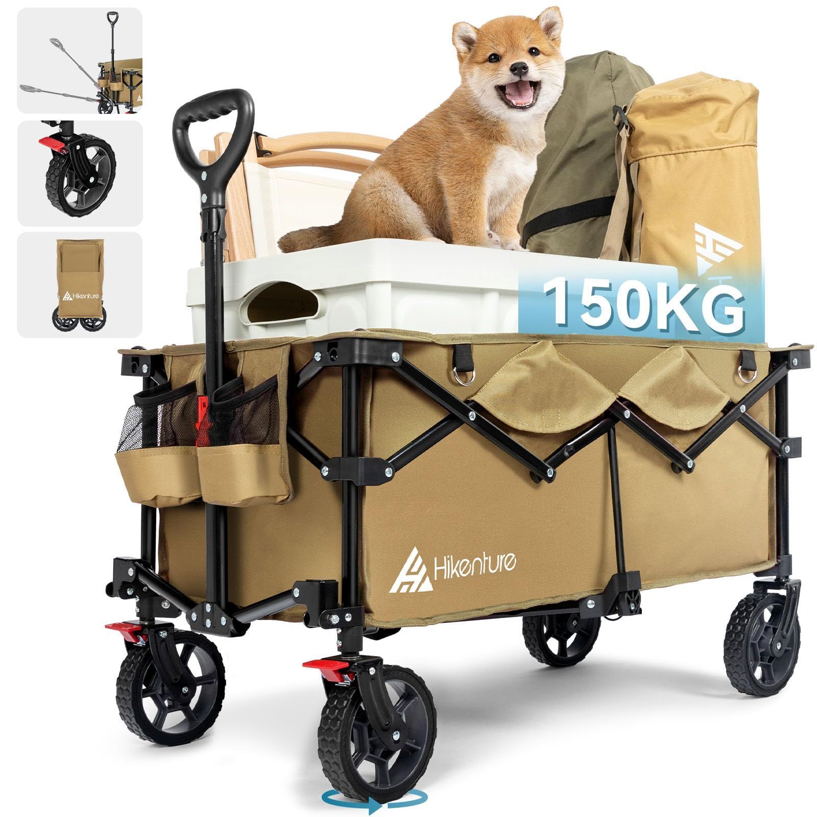 【スイベル・ブレーキ付き】キャンプ カート 【大容量135L・耐荷重150】アウトドアワゴン 特許取得のコンパクト設計 キャンプ キャリーワゴン ワゴン ワンタッチ収束型 HIKENTURE 自立式ハンド