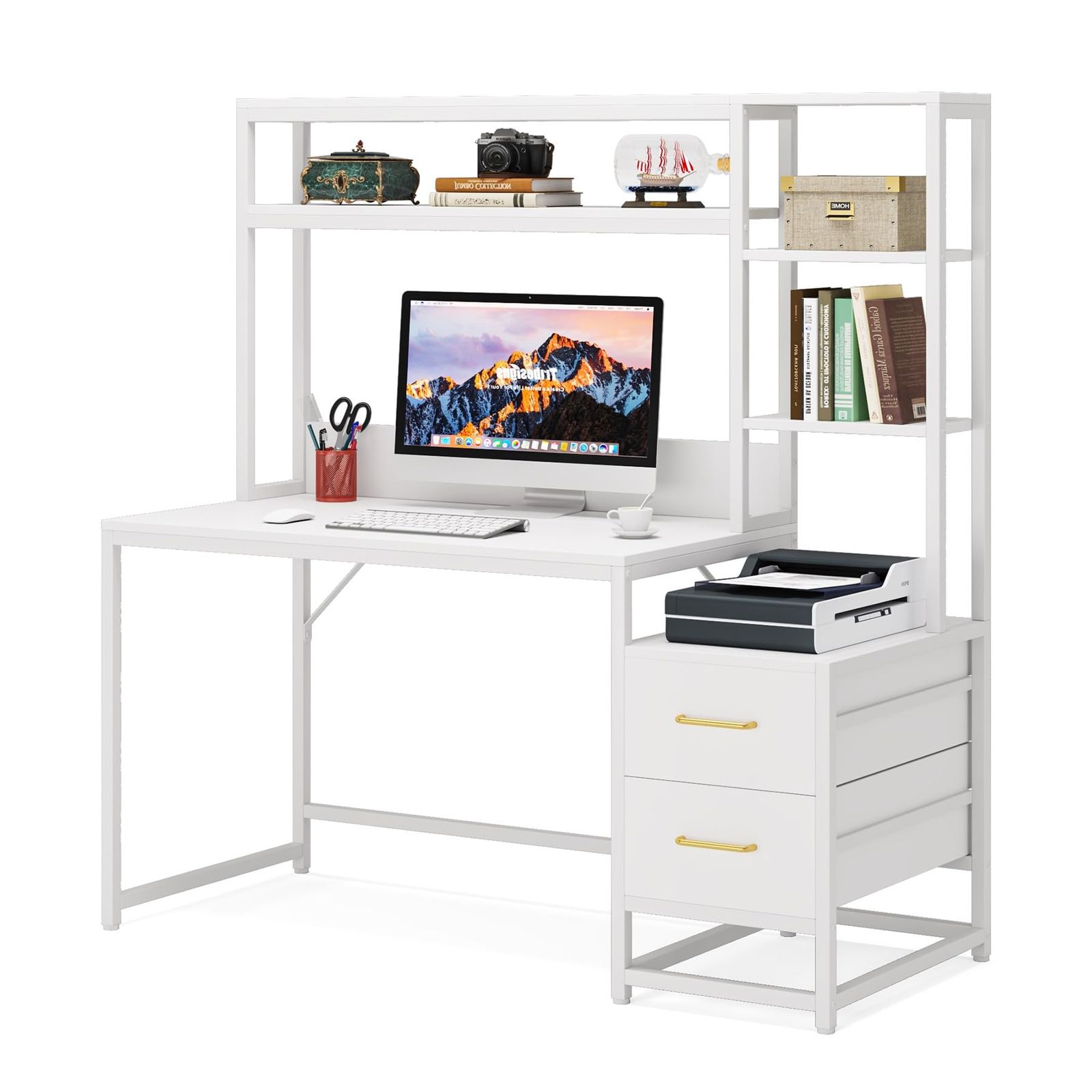 pcデスク 机 勉強机 木製 ゲーミングデスク 幅140cm 学習デスクテレワーク 引き出し付き 収納ラック パソコンデスク 白 シェルフデスク Tribesigns