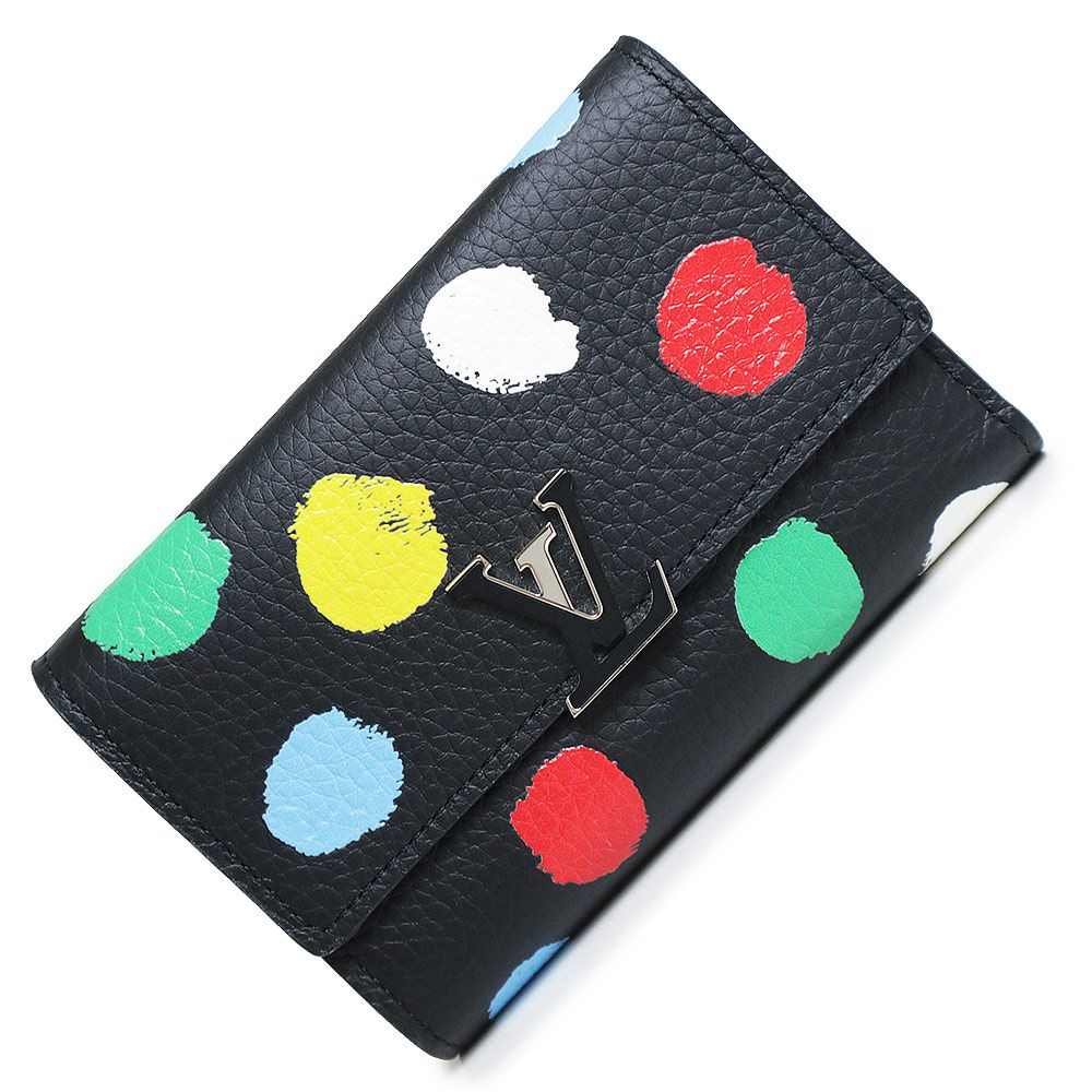 ルイ ヴィトン 草間彌生 ヤヨイ クサマ コラボ LV×YK ペインティッド ドット ポルトフォイユ カプシーヌ コンパクト 三つ折り財布 トリヨンレザー ブラック マルチ 黒 シルバー金具 M81963 LOUIS VUITTON