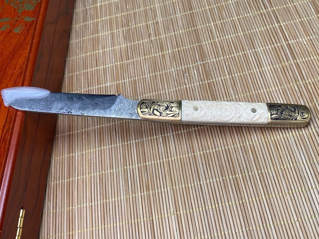 天然マンモス牙美しい手作り彫刻 ダマスカス 白柄茶葉ナイフ セット 天然マンモス牙美しい手作り彫刻 ダマスカス 白柄茶葉ナイフ