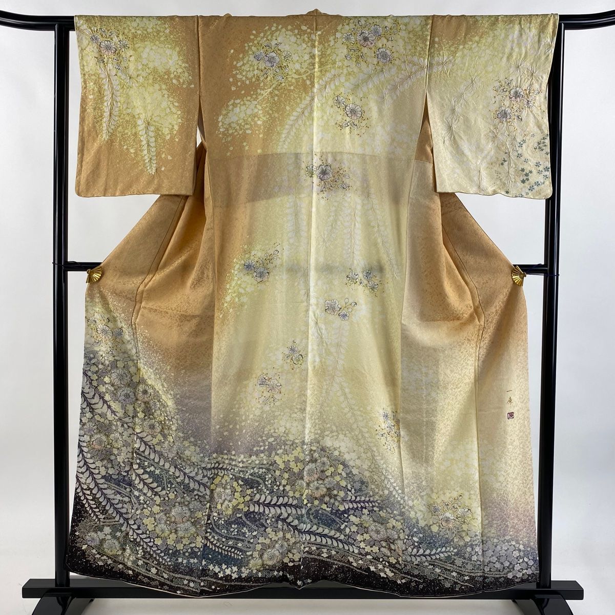 訪問着 身丈158cm 裄丈63cm S 袷 吉乃一廉 落款 辻が花 金彩 銀通し 薄オレンジ 正絹