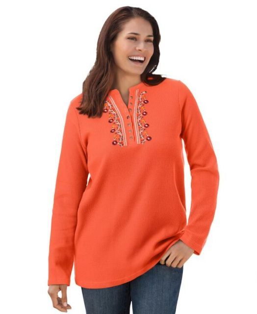 送料無料 ウーマン ウィズイン レディース シャツ トップス Plus Size Within Embroidered Thermal Henley Tee Pumpkin vine embroidery