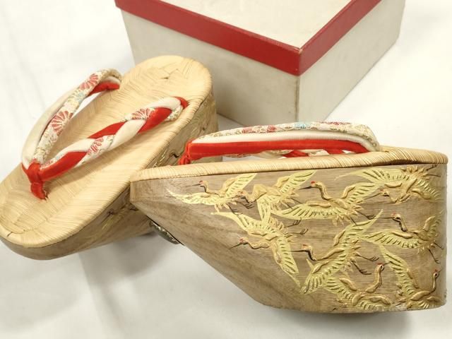 平和屋本店 和装小物 ぽっくり下駄 こっぽり おこぼ下駄 畳表 金蒔絵 千羽鶴 白木 き DZAA11506kh5