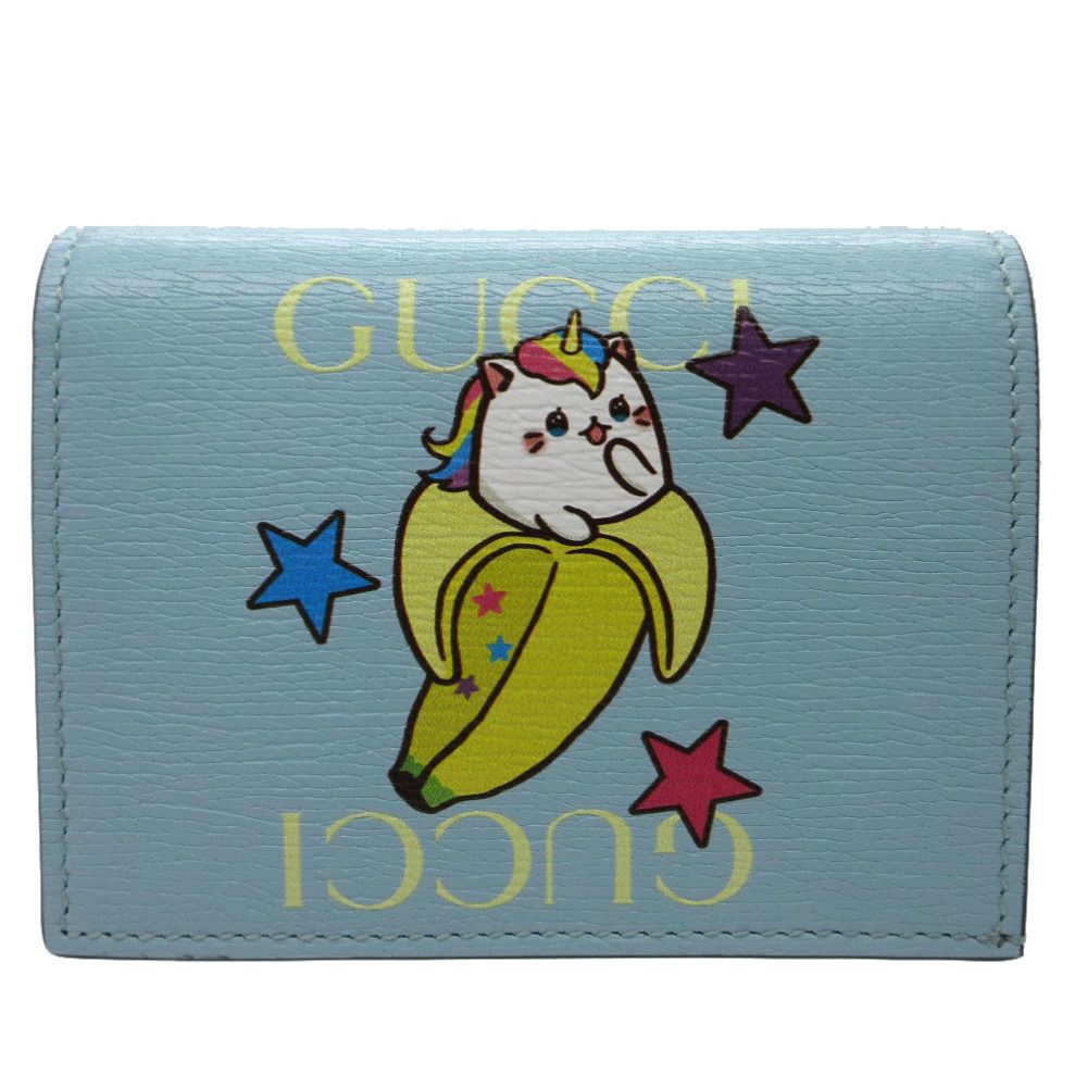 未使用 グッチ ばなにゃ バナナ  レインボー＆スター 701009 二つ折り財布 レザー ブルー 水色 0121 GUCCI