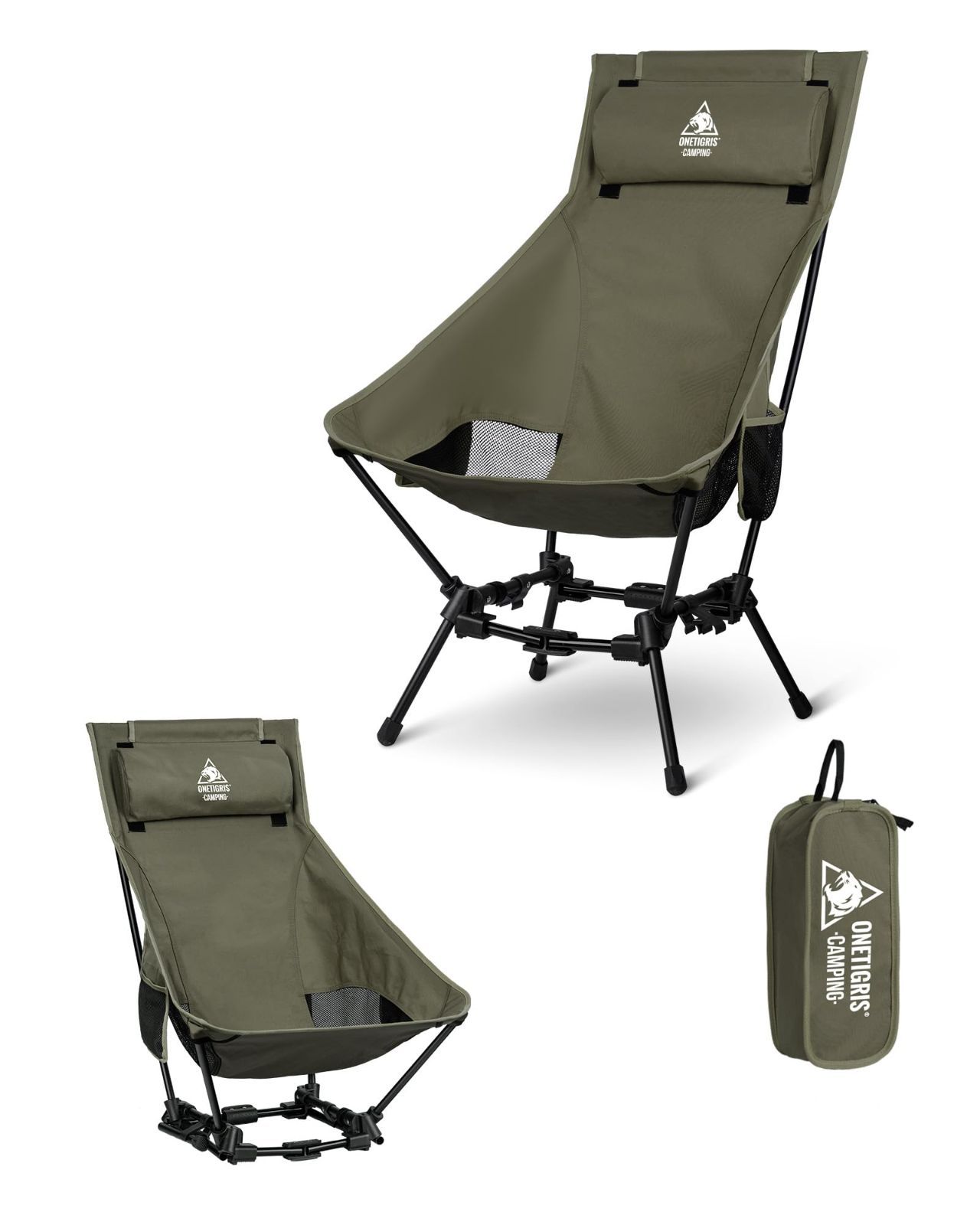 アウトドア用品 登山 安定性アップ 耐荷重150kg 着脱式ヘッドレスト付き 折りたたみ式ローチェア 2WAY ハイバックキャンプチェア アウトドアチェア Dragonhide OneTigris