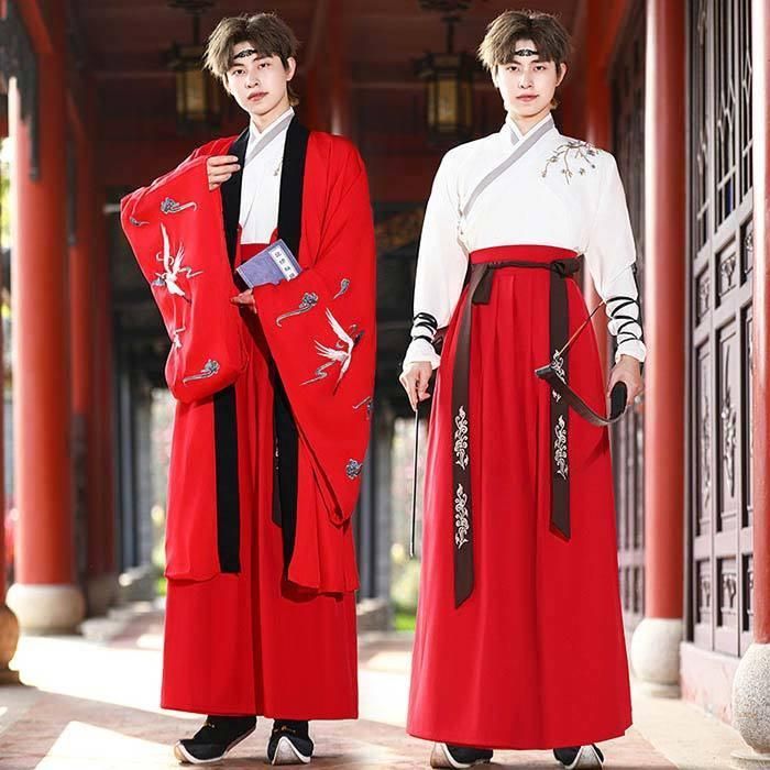 漢服 メンズ コスプレ衣装 ハロウィン 華流コスチューム メンズ唐装漢服 鶴刺繍 美しい セットアップ 長袖 交差襟 トップス ロングスカート