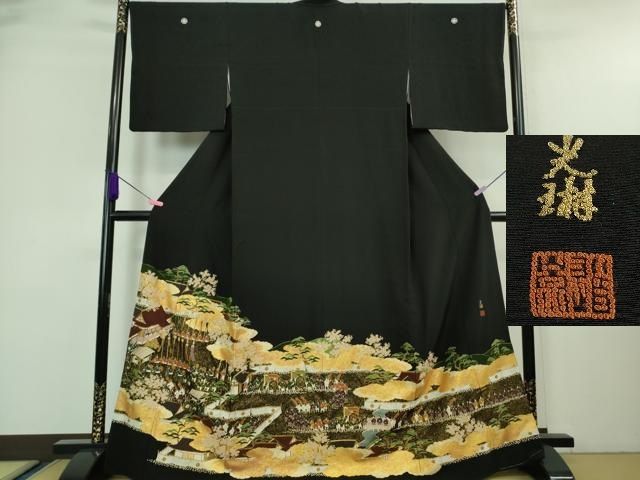 平和屋着物●豪華黒留袖　流水舞葉文　正絹　逸品　CAAV6603vf 平和屋着物○豪華黒留袖 流水舞葉文 正絹 逸品 CAAV6603vf