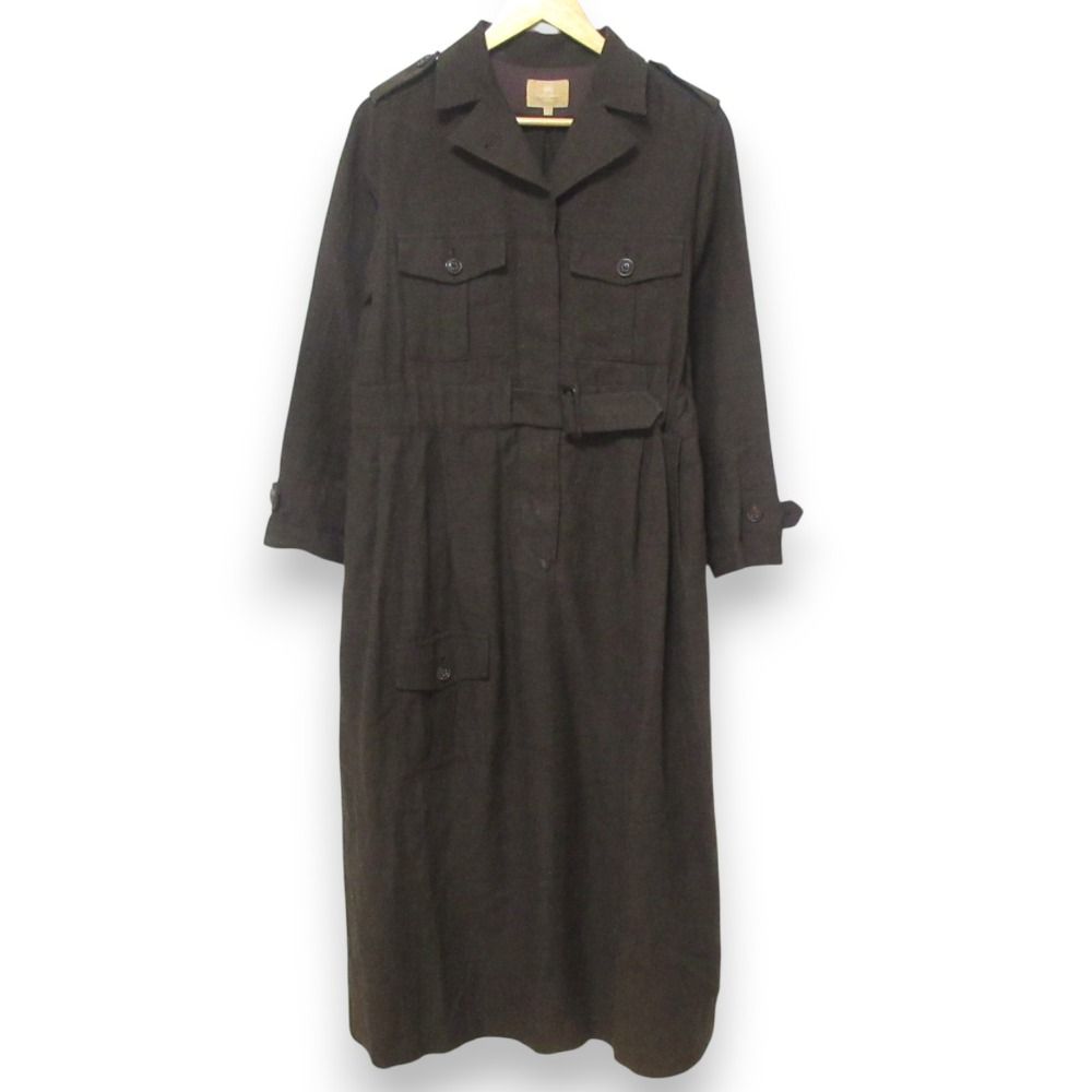 Nigel Cabourn ナイジェルケーボン リネンウール 長袖 ウエストベルト ロン丈 ワークシャツワンピース サイズ8 ブラウン レディース 古着