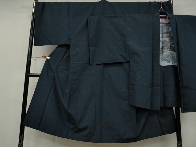 平和屋着物●男性 髭紬 アンサンブル 藍鉄色 キングサイズ 正絹 CAAX4567ut
