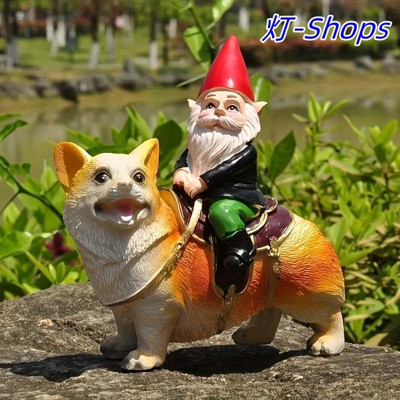 置物 オブジェ ガーデンオーナメント コーギーに乗っている小人 イヌ 犬 室内 屋外 インテリア 玄関 リビング ダイニング 装飾 庭 ガーデニング 装飾 ガーデン 樹脂 可愛い ギフト インテリ