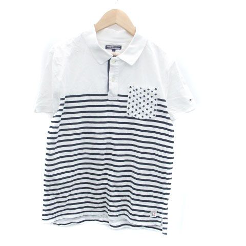 トミーヒルフィガー TOMMY HILFIGER ポロシャツ ポロカラー 半袖 ボーダー柄 星柄 164 オフホワイト 紺 ネイビー /HO22 男の子