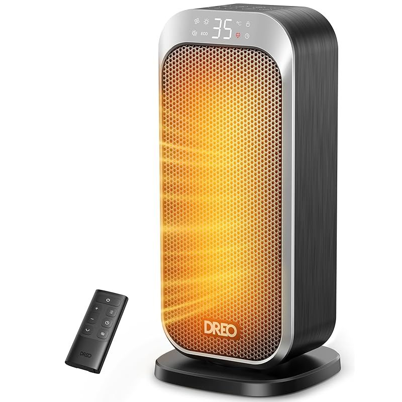 Dreo ドレオ 静音設計スペースヒーター 屋内用 1200wの電気ヒーター リモコン付きで が PTCセラミックヒーター サーモスタットを搭載し 快適な温度を維持 最大12時間のタイマー機能 70°の首振り機能で均一な温風を提 0