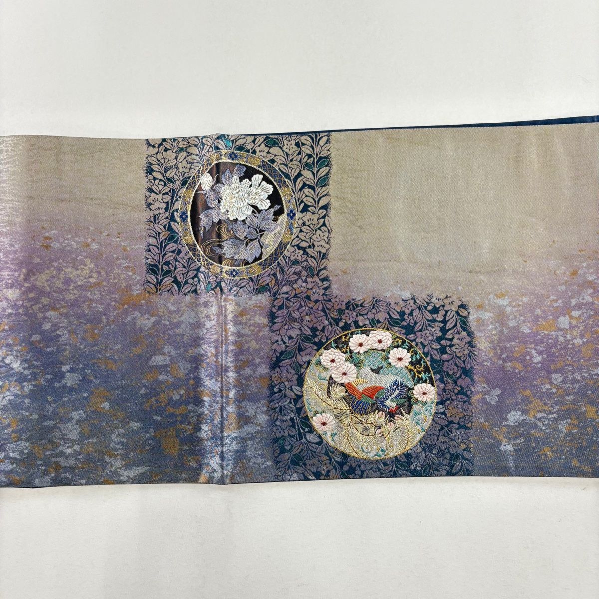 袋帯 秀品 花鳥 源氏車 金銀糸 箔 青紫 六通 正絹 【中古